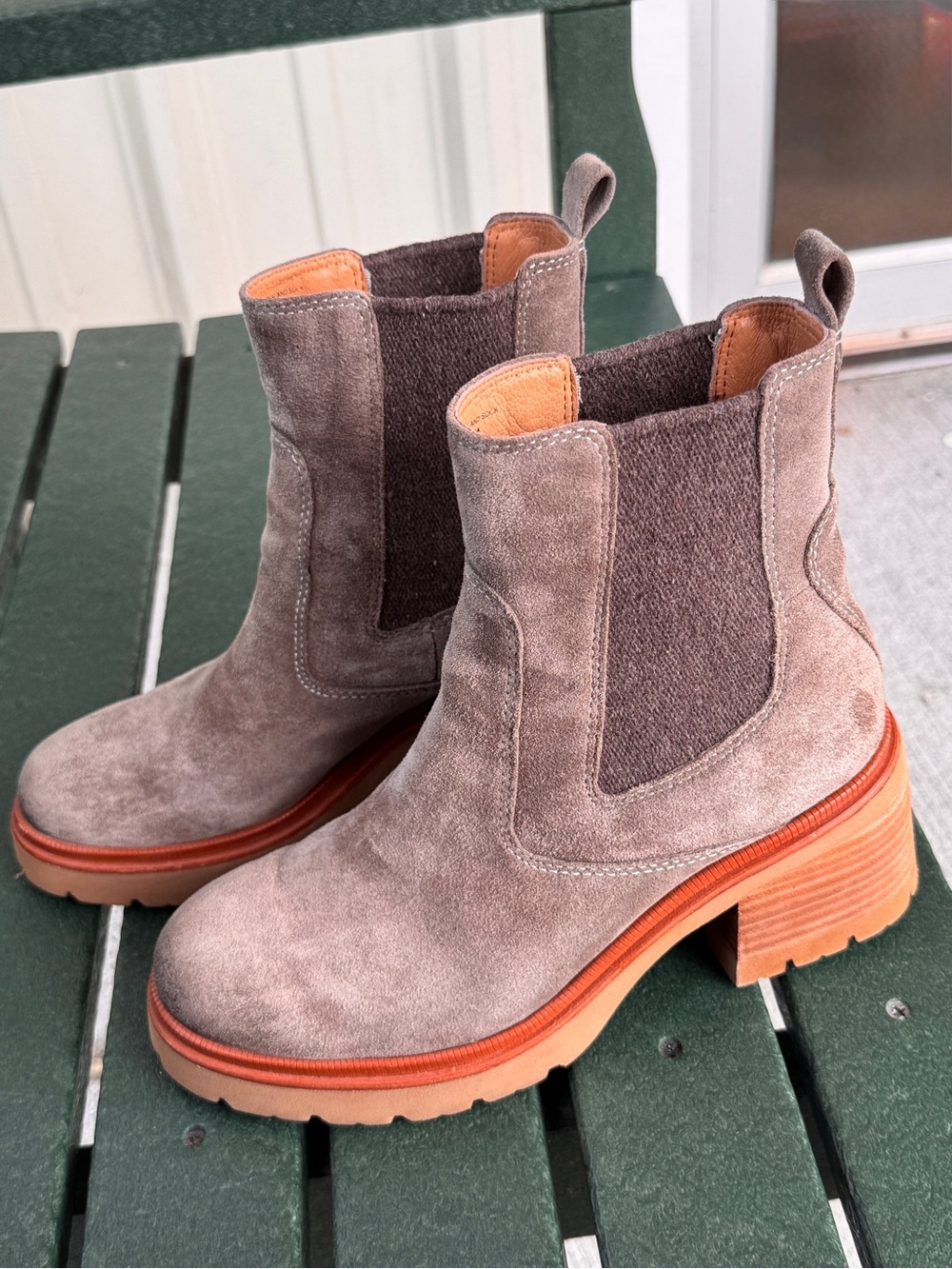 Sofft Taupe Suede Chelsea Ankle Boots with Wood-Tone Block Heel